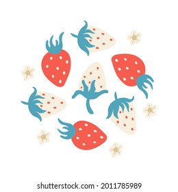 Cute pretty illustration of flowers and strawberries. Doodle flat organic style. Set of berries in round composition. Vector isolated on white background.