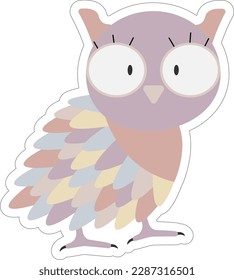 Cute pretty kawaii sticker of cartoon girl owl with colorful feathers. Vector pastel illustration for baby print, birthdays and invitation designs