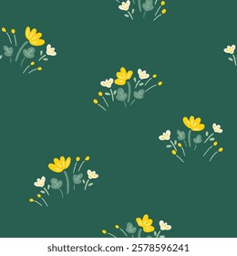Cute pretty little flowers arranged to create beautiful floral patches in a color palette of yellow and white on green background. A seamless vector pattern. Great for home decor, fabric, wallpaper.