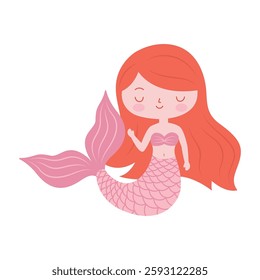 Cute Pretty Little Girl Mermaid Cartoon Character in the Sea with Happy Expression