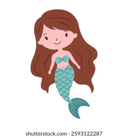Cute Pretty Little Girl Mermaid Cartoon Character in the Sea with Happy Expression