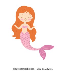 Cute Pretty Little Girl Mermaid Cartoon Character in the Sea with Happy Expression