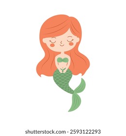 Cute Pretty Little Girl Mermaid Cartoon Character in the Sea with Happy Expression