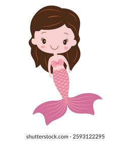 Cute Pretty Little Girl Mermaid Cartoon Character in the Sea with Happy Expression