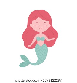 Cute Pretty Little Girl Mermaid Cartoon Character in the Sea with Happy Expression