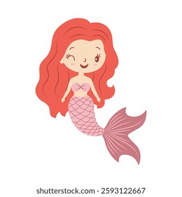 Cute Pretty Little Girl Mermaid Cartoon Character in the Sea with Happy Expression