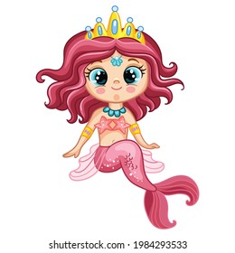 Cute pretty little sitting mermaid with pink tail and crown. Cartoon character. Vector isolated illustration on white background. For t-shirt, print and design, poster,card, sticker, decor and apparel