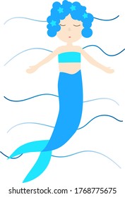 Cute, pretty mermaid with blue hair and a tail, cartoon style, simple flat vector illustration.
