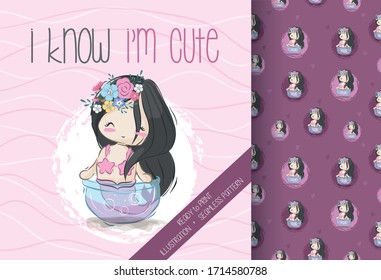 Cute pretty mermaid illustration for kids