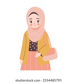 Cute Pretty Muslim Girl Cartoon Character Wearing Hijab and Fashion Outfit While Smiling