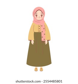 Cute Pretty Muslim Girl Cartoon Character Wearing Hijab and Fashion Outfit While Smiling