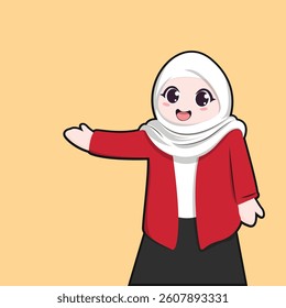 Cute Pretty Muslim Girl Cartoon Character Wearing Hijab and Fashion Outfit While Smiling. Female teacher wearing hijab is teaching her students with a smile. flat cartoon character.