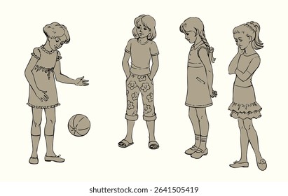 Cute pretty nice cheer joy sporty fun human lady jump Hit hobby view retro black doodle hand drawn art style white sky. Modern small funny teen woman look baby male boy win goal youth study sign icon