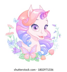 Cute pretty pink baby unicorn with pink horn and multicolored mane surrounded with flowers and butterflies. Vector illustration isolated on white background for card, shirt, print or sticker design.