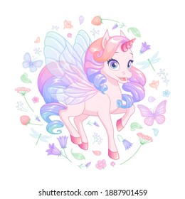 Cute pretty pink baby unicorn with fairy wings surrounded with flowers and butterflies. Vector illustration isolated on white background.