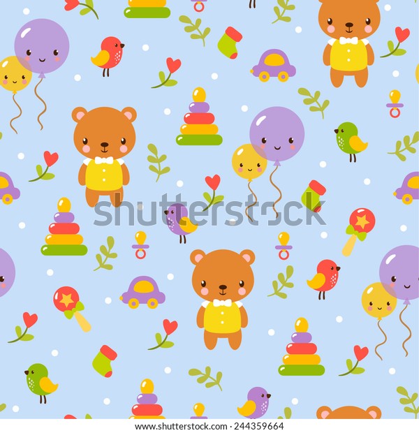 Cute, pretty seamless background pattern for boy\
with teddy bear, birds, car and balloons in blue. Cute baby pattern\
design  in vector.