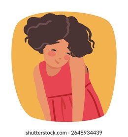 Personagem de desenho animado infantil menina bonito muito tímido com bochechas vermelhas e sorriso encantador na bolha de rosto retrato design. Comportamento infantil, expressão facial e emoções estudando ilustração vetorial de impressão
