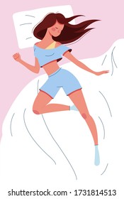 Cute pretty slim young woman sleeping in bed in pajamas without a blanket. Top view. Good healthy sleep concept. Female character dozing or napping on comfy mattress. Flat colorful vector illustration