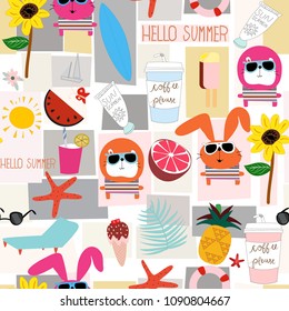 
Cute pretty summer on the beach items objects pattern seamless,illustration vector by freehand doodle comic art style