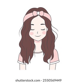 Cute Pretty Teen Girl Cartoon Character Wearing Headband and Casual Clothes While Smiling