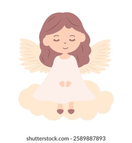 Cute Pretty Winged Little Girl Fairy Angel Cartoon Character with Cloud in the Sky