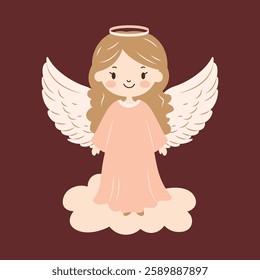 Cute Pretty Winged Little Girl Fairy Angel Cartoon Character with Cloud in the Sky