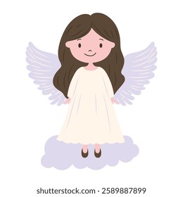 Cute Pretty Winged Little Girl Fairy Angel Cartoon Character with Cloud in the Sky