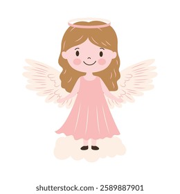 Cute Pretty Winged Little Girl Fairy Angel Cartoon Character with Cloud in the Sky