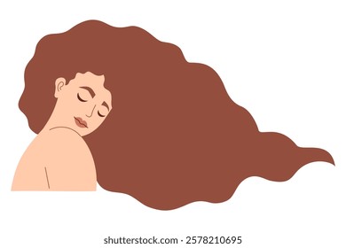 Cute pretty woman brunette with long hair. Peaceful Female portrait. Vector illustration.