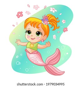 Cute pretty young mermaid with pink tale and flowers. Cartoon character. Vector isolated illustration on maine background. For t-shirt, print and design, poster, card, sticker, decor and apparel