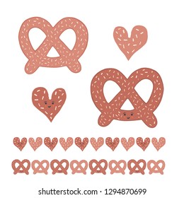 Cute pretzel cartoon with smiling face and heart. Vector illustration motif set. Hand drawn kawaii bakery bread clipart for kitchen foodie blog, german beer festival background, restaurant table menu.