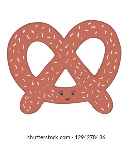 Cute pretzel cartoon with smiling faceand seeds. Vector illustration motif. Hand drawn kawaii bakery bread clipart for kitchen foodie blog, german beer festival background, restaurant table menu.