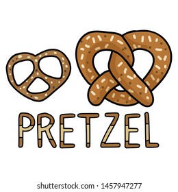 Cute pretzel cartoon vector illustration motif set. Hand drawn isolated fresh baked pastry elements clipart for bakery blog, lettering graphic, food web buttons.