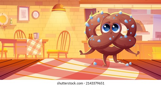 Cute pretzel character in cafe or pizzeria. Vector cartoon illustration of happy german bake, bretzel with salt on wooden counter in restaurant with oven for pizza