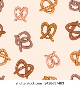 Cute pretzel seamless pattern. Vector bakery seamless print design in hand-drawn style. Stylized illustrated pretzels on light pink background. 