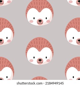 Cute prickly hedgehog seamless pattern, animal muzzle. Cartoon doodle vector illustration. Kid texture, background, wallpapers, ornament. Childish design of wrapping paper, fabric, textile, print