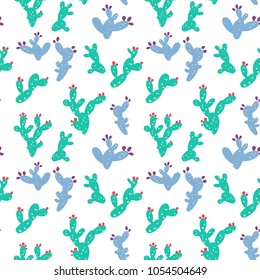 Cute Prickly pear cactus, Opuntia pattern, hand drawn seamless background