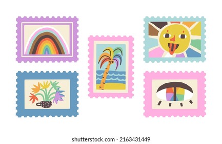 Cute Pride Month Celebration post stamps, coupons, tickets collection. Funky sun, palm, flowers, eye in rainbow LGBTQ flag palette. Vector illustration, clip art set.