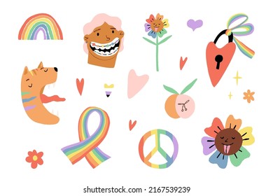 Cute Pride Month Celebration Stickers Collection. Characters And LGBTQ, Transgender, Nonbinary Community Flags Colors Hearts, Rainbow, Ribbon, Peace Signs, Flower Etc. Vector Clip Art Set.