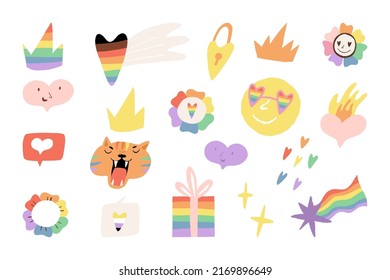 Cute Pride Month Celebration stickers collection. Characters and LGBTQ, nonbinary community flags colors hearts, rainbow tiger, gift, flowers, crowns etc. Vector clip art set.
