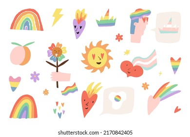 Cute Pride Month Celebration stickers vector clip art collection. Characters and LGBTQ, transgender, nonbinary community flag colored hearts, rainbow, ribbon, characters, flower, sun, fried eggs etc