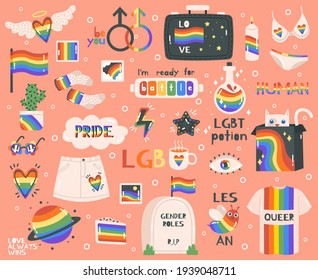 Cute pride symbols. Hand drawn lgbtq pride rainbow, peace sign and flag, pride month symbols and lettering. Lgbtq elements vector illustration set
