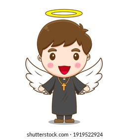 Cute priest character as an angel with halo on his head board vector design illustration