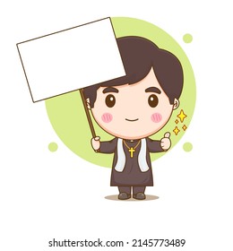 Cute priest holding empty board chibi cartoon character illustration