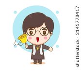 Cute priest holding golden bell chibi cartoon character illustration