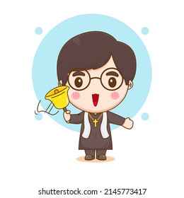 Cute priest holding golden bell chibi cartoon character illustration