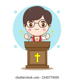 Cute priest preaching chibi cartoon character illustration