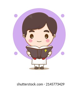 Cute priest reading the bible chibi cartoon character illustration