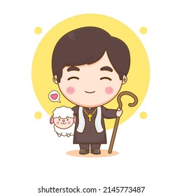 Cute priest with the sheep chibi cartoon character illustration
