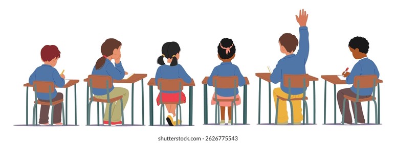 Cute primary age students cartoon children characters sitting at school desk view from back isolated on white background. Little boys and girls studying enjoying cognition process vector illustration